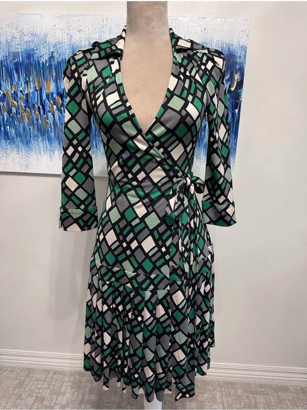 Diane Von Furstenberg Shilo Green Geometric Wrap Dress Size 0